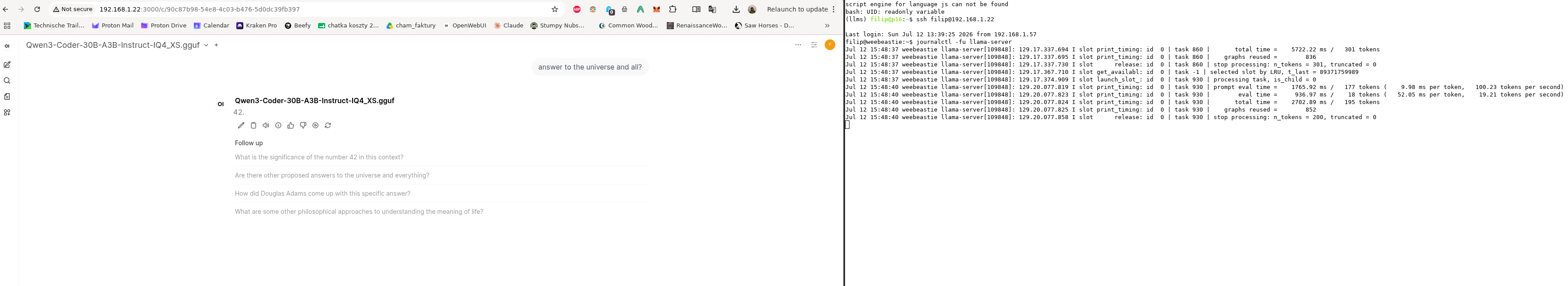 Open WebUI answering from the local Qwen, with the llama-server journal alongside